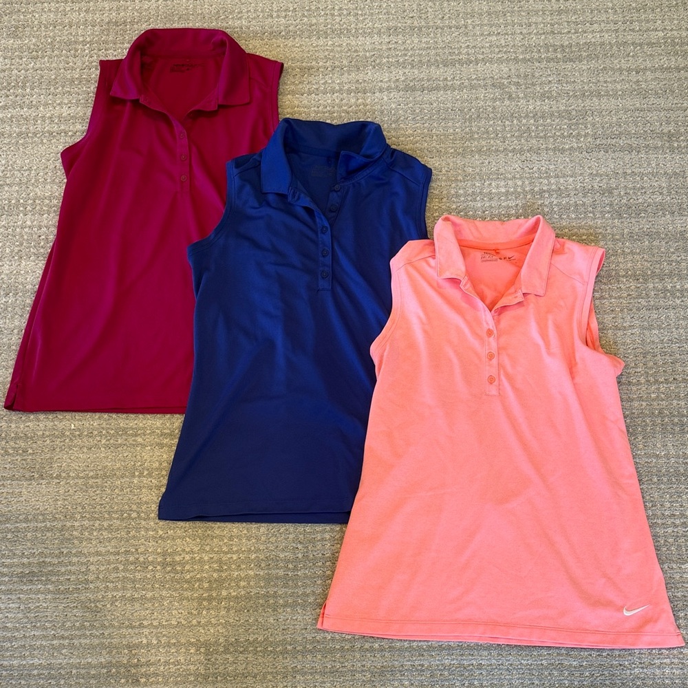Three Nike Sleeveless Golf Polo Shirts - Magenta, Navy, Coral